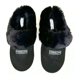 London Fog Womens JOSLYN FAUX FUR BLACK SLIPPERS (New Without Tags )